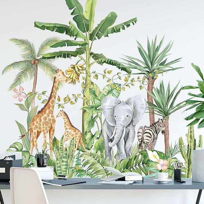 Large Jungle Animals Wall Decals Nordic Plant Wall Sticker Elephant Giraffe Zebra Wall Stickers for Baby Nursery Kids Room Playroom Wall Decor