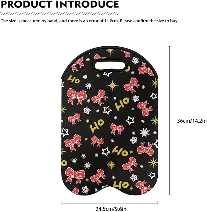 doginthehole Bowknot Print Wine Bag 2 Bottle Wine Tote Carrier Insulated Wine Cooler Bag for Travel Picnic Christmas Ho Ho Ho Portable Neoprene Wine Tote Holder Household Supplies Christmas Decor