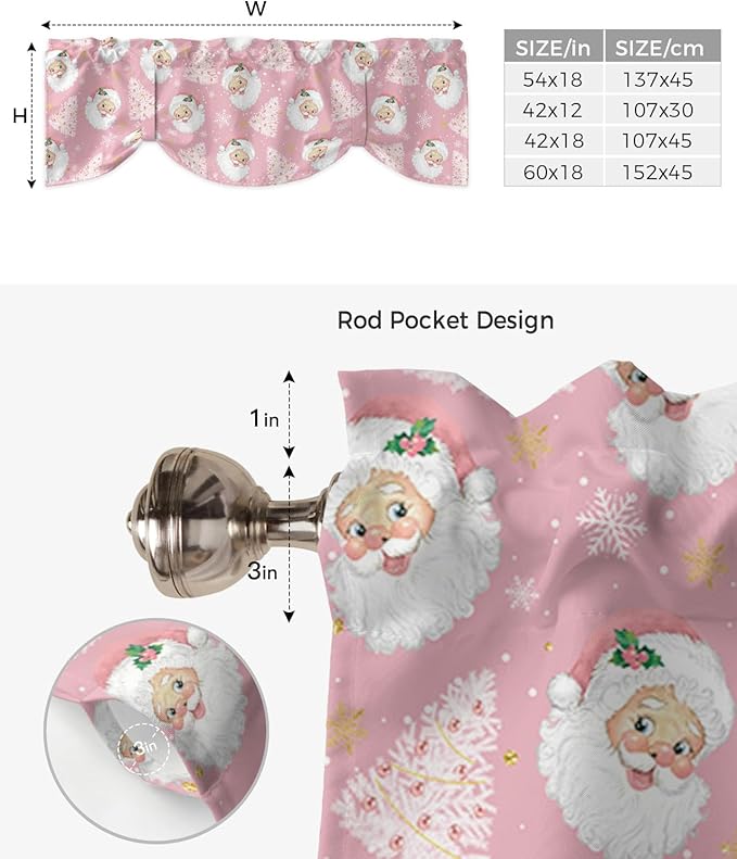 Pink Christmas Blackout Tie Up Valance Curtains for Kitchen Windows Santa Claus Merry Christmas Tree Window Toppers Balloon Shades for Living Room/Bathroom/Bedroom,1 Panel, 42" X 18", Winter Snowflake