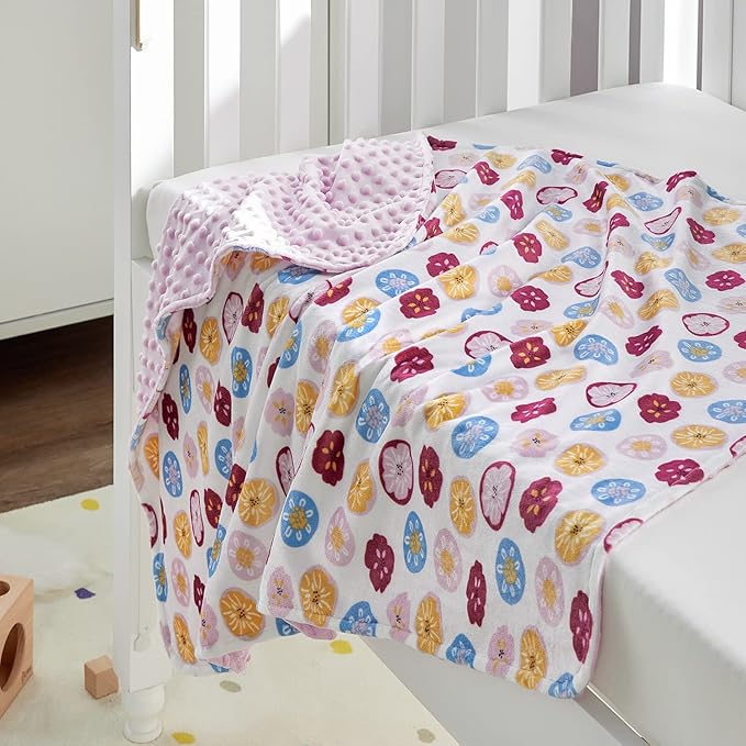 DaysU Silky Micro Soft Plush Baby Blankets for Girls with Print Floral Pattern and Soothing Raised Dots, Double Layer Bed Throws for Toddler Cot, Flower, Pink, 50x60 Inches