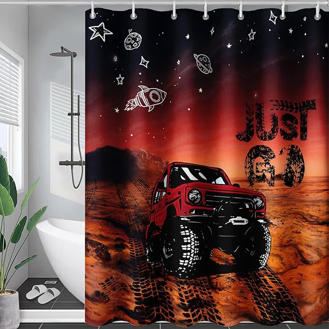 AILONEN Red Truck Shower Curtains,Galaxy Monster Truck Bath Curtains,Monster Jam Polyester Waterproof for Bathroom,60" W*72" H with 12 Plastic Hooks,Red