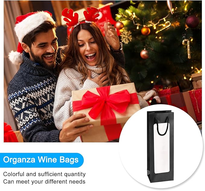 uxcell Wine Bags, 12pcs 4.92"x3.35"x14.2" Wine Gift Bags with Rope Handles, Paper Wine Tote Bag with Clear Window for Wedding Birthday Christmas Party Supplies, Black