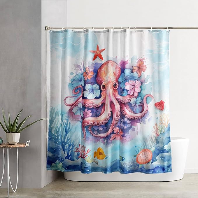 AILONEN Sea Octopuses Shower Curtain Set, Cartoon Octopus with Flowers Waterproof Fabric Shower Curtain,Watercolor Blue Ocean World Cloth Bath Curtain for Bathroom Decor with Hooks,72" Wx78 H