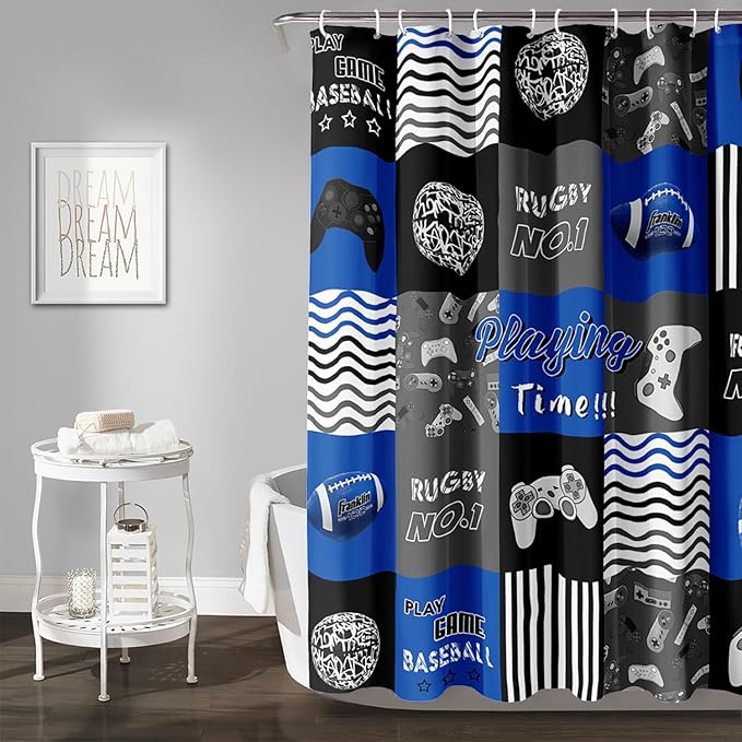 AILONEN Gamepad Shower Curtain,Navy Blue Ball Sports Bathroom Shower Curtain Sets for Boys Kids Teens, 36" W*72" H Gaming Gamer Theme Shower Curtain for Bathroom