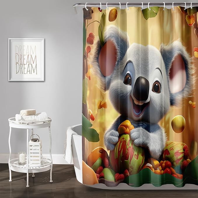 AILONEN Cartoon Koala Shower Curtain for Kids,Kawaii Fruit Koala Shower Curtain for Bathroom,Girls,Lovely Animals Shower Curtain Set with Hooks,72" W*96" H