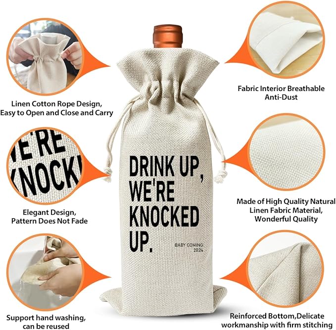 Drink up We're Knocked Up, Pregnancy Announcement Gift Wine Bag, Baby or Pregnancy Reveal Gift, Baby Shower Decor, Baby Party Favor, Gender Pregnancy Announcement for New Grandparents Uncle