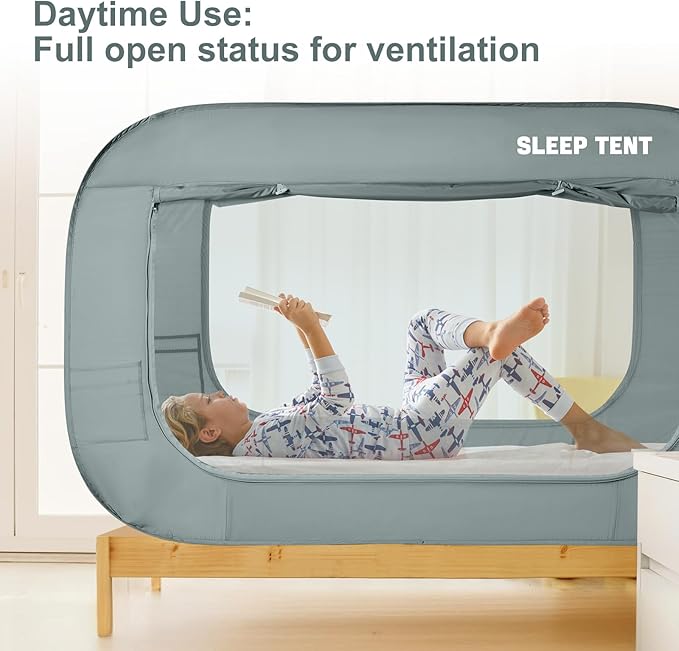 BORNA Bed Canopy Bed Tent Dream Tents Autism Shelter Cabin Indoor Sleeping Tents Privacy Warm Breathable Pop Up Twin Size Double Door with Mosquito Mesh Window for Kids and Adult (Pale Gray)