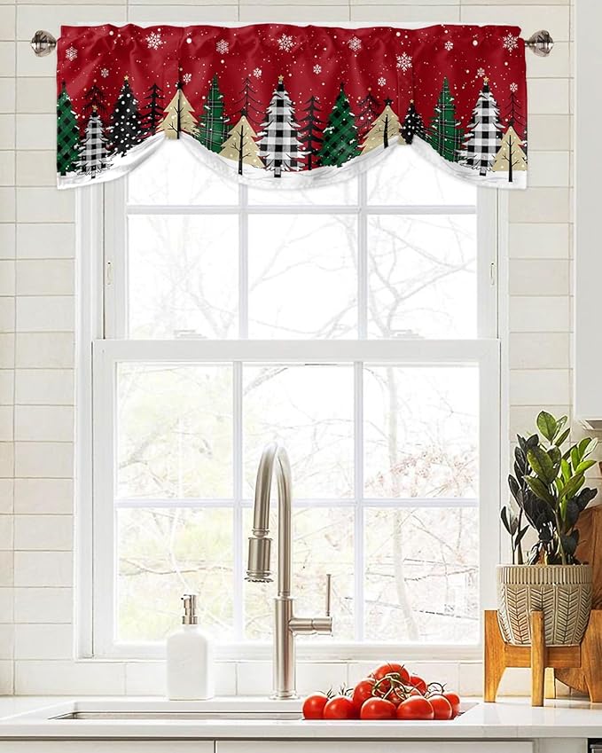 Red Merry Christmas Blackout Tie Up Valance Curtains for Kitchen Windows Green Christmas Tree Window Toppers Balloon Shades for Living Room/Bathroom/Bedroom,1 Panel, 60" X 18",White Snow Forest Winter
