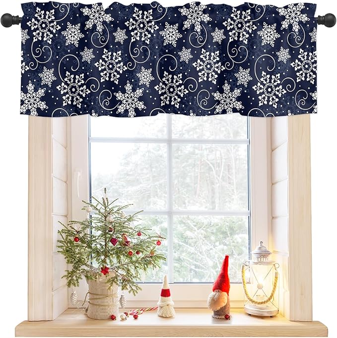 Christmas Valance Curtains for Kitchen Windows White Navy Snowflakes Pattern Rod Pocket Window Treatment Toppers for Kitchen/Living Room/Bedroom/Bathroom, 60" X 18", Winter