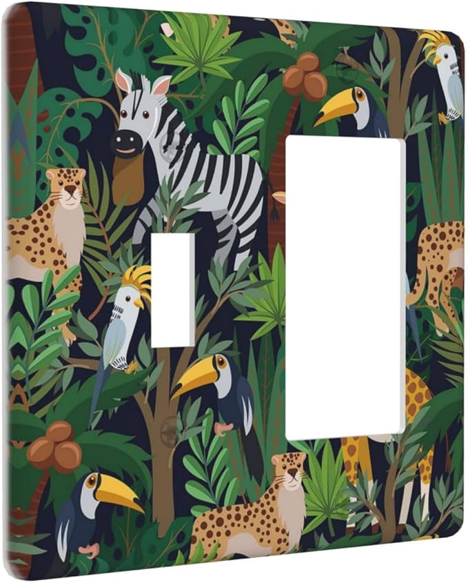 Cartoon Animal Zebra Leopard Giraffe Bird Leaf 2 Gang Single Toggle Rocker Combination Nursery Light Switch Covers Decorative Wall Plate Cover Electrical Faceplate Switchplate for Kidroom