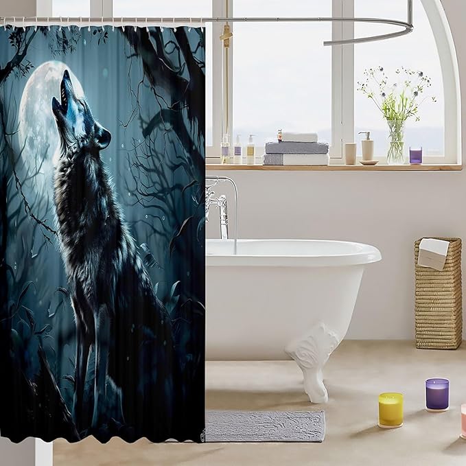 Feelyou Wolf Bath Curtain Wolves Howling Shower Curtain for Kids Lonely woles Bathroom Shower Curtain Set Animal Wolves Kids Bathroom Accessories 72"x84"