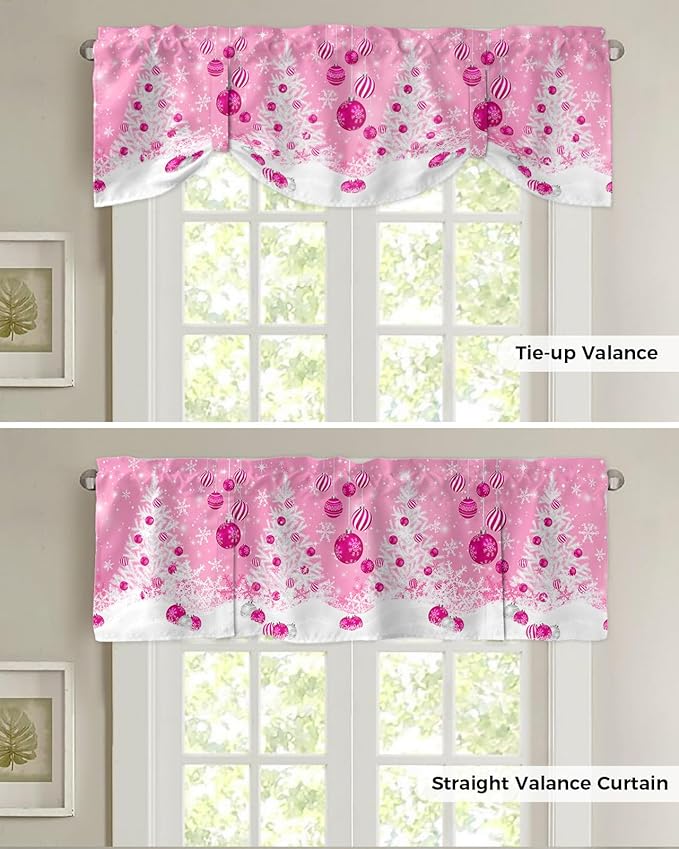 Pink Christmas Blackout Tie Up Valance Curtains for Kitchen Windows White Xmas Tree Snowflakes Pink Balls Window Toppers Balloon Shades for Living Room/Bathroom/Bedroom,1 Panel, 54" X 18", Winter