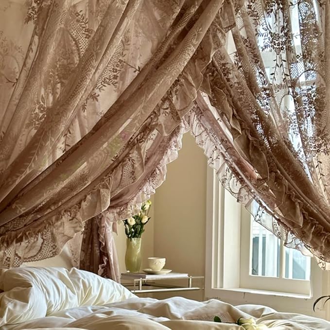 Elegant Lace Princess 4 Corner Post Mosquito Net Romantic for Girls Women Bed Curtain Canopy for Adult Wedding Bedroom Kids Rooms Decoration (Coffee, California King)