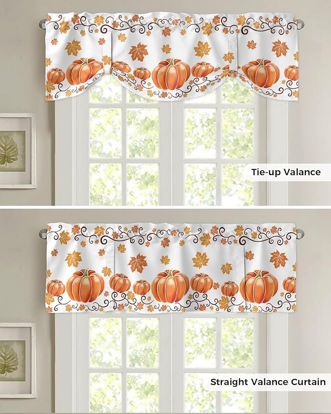 Fall Maple Leaves Blackout Tie Up Valance Curtains for Kitchen Windows Thanksgiving Watercolor Pumpkins Window Toppers Balloon Shades for Living Room/Bathroom/Bedroom,1 Panel,42" X 12" Orange