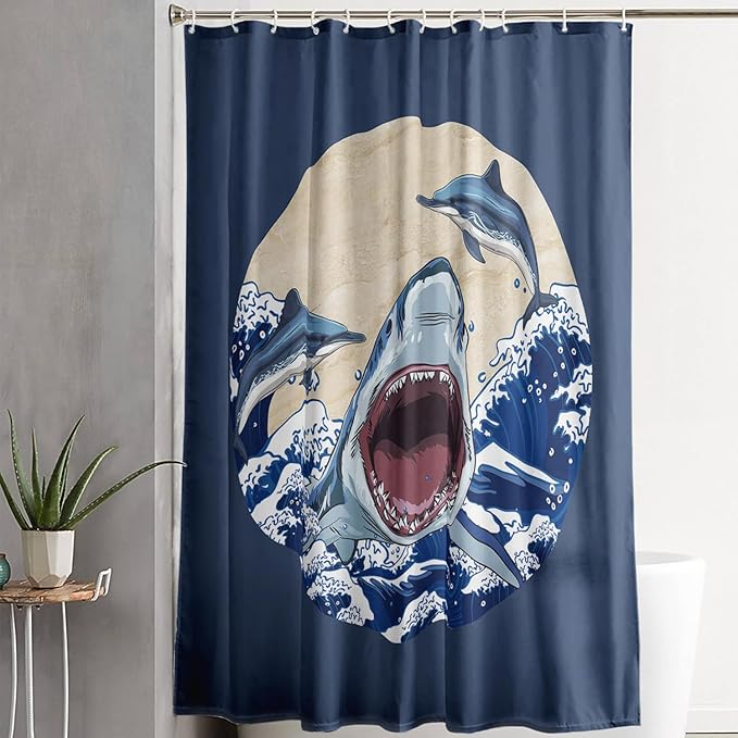 AILONEN Cartoon Shark Shower Curtain for Kids Boys Girls,Blue Ocean Wave with Shark Waterproof Fabric Shower Curtain for Bathroom,Jumping Dolphin Shower Curtain Set with Hooks,72" W*84" H