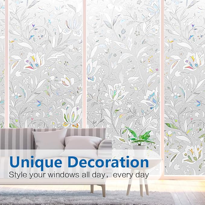 Window Privacy Film Non-Adhesive Flower Patten Window Sticker 3D Tulip Static Cling Glass Window Film Rainbow Window Film for Home Kitchen Office UV Blocking (White, 17.5" x 78.7")