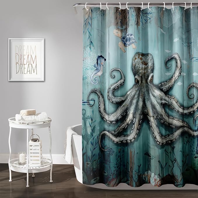AILONEN 3D Ocean Octopus Shower Curtain Set for Bathroom,Sea Turtle Seahorse Animal Bath Curtain,Ocean Theme Waterproof Fabric Shower Curtain with Hooks,36" W*72" H