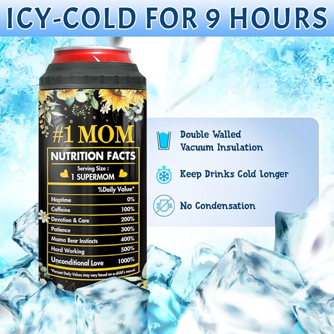 winorax Mom Gifts Mama Bear Tumbler 4-in-1 Can Cooler Mom Nutrition Facts Tumblers Sunflower Style Stainless Steel 16oz Travel Cup Mother's Day Christmas Birthday Gifts from Daughter Son