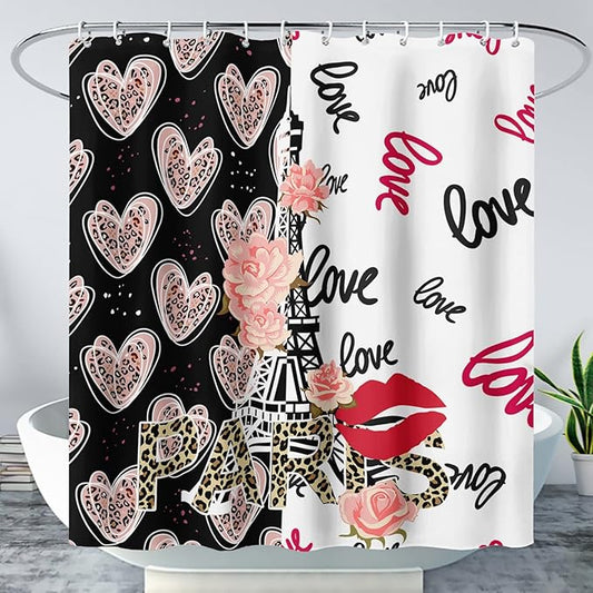 AILONEN Heart Love Shower Curtain for Bathroom, Black and White Eiffel Tower Print Bath Curtain,Pink Hearts Girls Women Shower Curtain Decoration Waterproof with 12 Plastic Hooks, 72" W*72" H