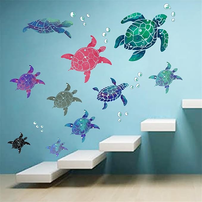 Waterproof Removable Watercolor Turtles Vinyl Wall Decal for Nursery Kidsroom School Classroom Livingroom Bedroom Bathroom Sea Life Sticker in Coastal Ocean Theme