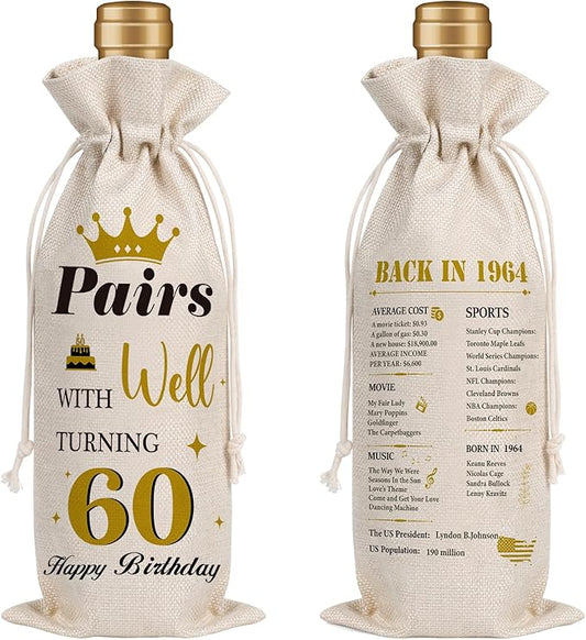 Wxiben 60th Birthday Wine Bags - 1pcs 1964 Wine Gifts for Women Men Burlap Back in 1964 Wine Gift Bag Over the Hill 60th Birthday Party Decorations for Her Him Friend Sisters Mom Wine Bottle Bag