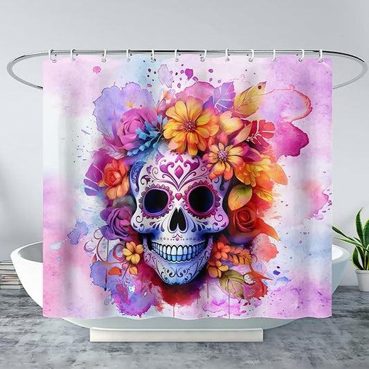 AILONEN Sugar Skull Shower Curtain for Bathroom,Pink Purple Graffiti Flower Art Bathroom Curtain for Kids Girls Teen,Bath Curtain 72" W*96" H Polyester Waterproof Bathroom Curtain with 12 Hooks