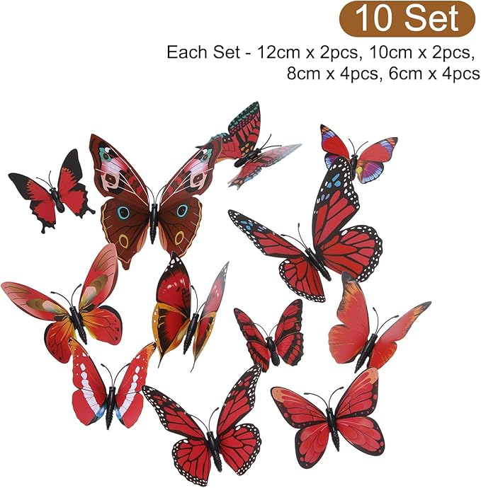 uxcell 120Pcs 3D Beautiful Butterfly Removable DIY Wall Stickers for Bedroom Living Room TV Background Decorations, Red