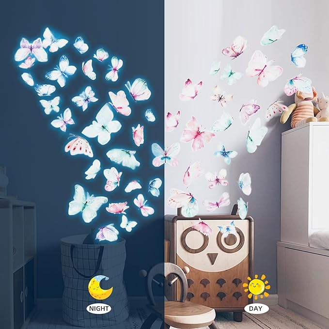 NICENEEDED 3 Sheets Glow in The Dark Butterfly Wall Decal, Glowing Luminous Small Butterfly Wall Stickers, Removable Self-Adhesive Ceiling Sticker Decals for Bedroom Decoration