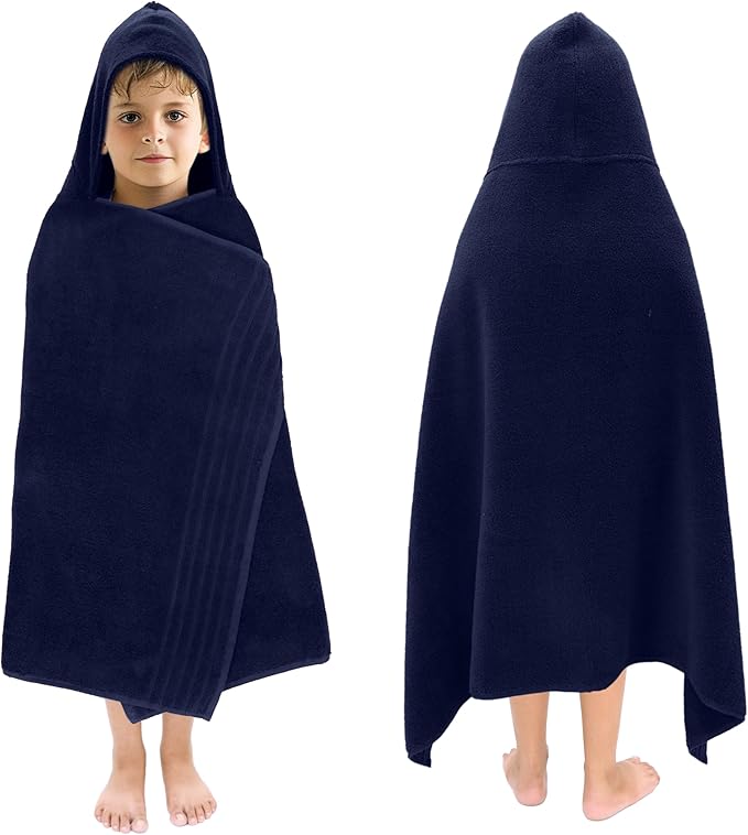 Hooded Bath Towel Wrap -Super Zero Twist 100% Cotton Large Oversized Hooded Kids Towel - Toddler Shower Pool Beach Towel - Super Soft Absorbent Quick Dry Easy Care Gift - 30 x 54 - Navy