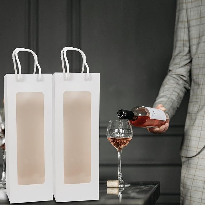 Cyblinia Wine Gift Bags Wine Tote Bags 20 Pack Paper Wine Bags with Window 4.9 x 3.4 x 14.2 Inch Wine Bottle Bags for Wedding, Birthday, Christmas Party Supplies