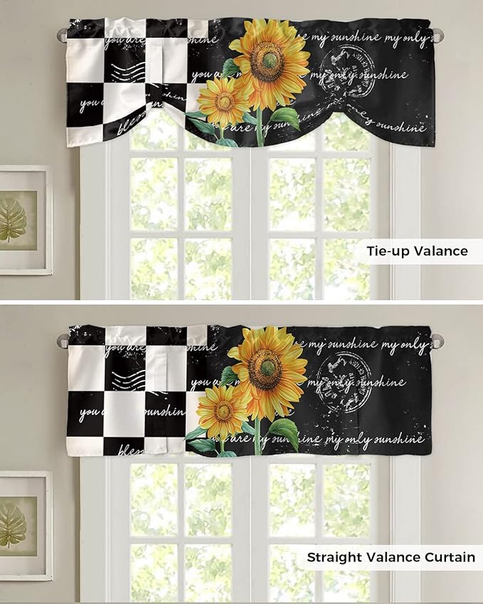 Buffalo Plaid Blackout Tie Up Valance Curtains for Kitchen Windows Farmhouse Sunflower Window Toppers Balloon Shades for Living Room/Bathroom/Bedroom,1 Panel,42" X 18" Autumal Wild Flower