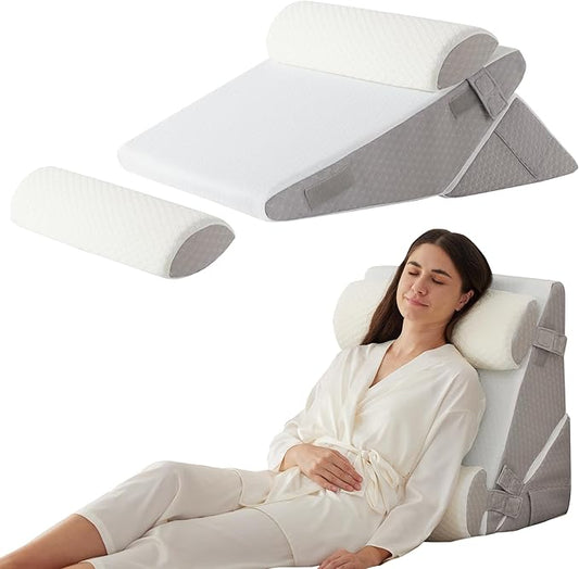 4PCS Orthopedic Bed Wedge Pillow Set for Sleeping, Wedge Pillow for Back Pain Relief, 10-in-1 Adjustable Bed Wedge Pillow Post Surgery, Triangle Pillow for Acid Reflux Snoring Gerd, White/Grey