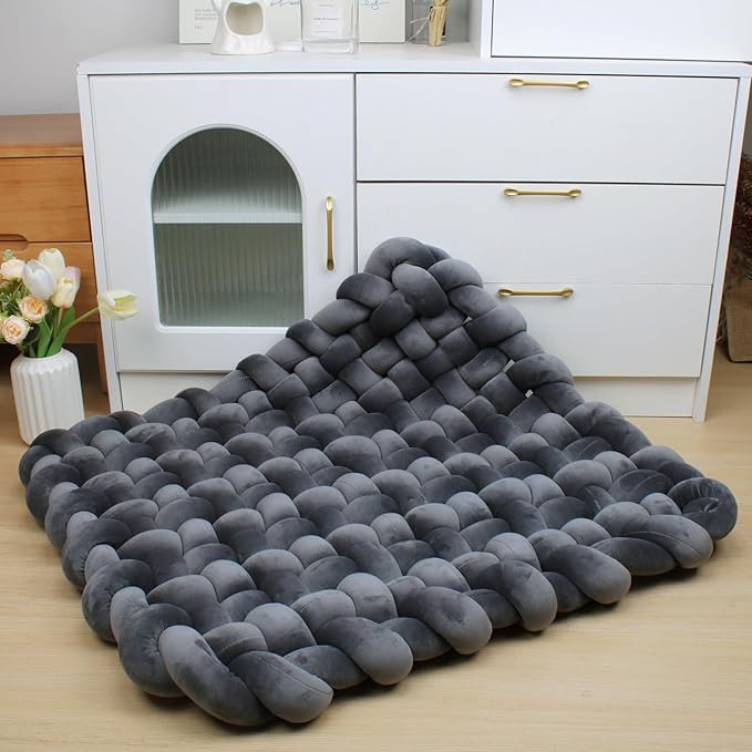 XHJRI Thickened Braided Knot Seat Mat, Knotted Floor Decorative Cushion, Handmade Baby Infant Playing Pad Nursery Rug (27.5 * 31.5 Inch,Dark Grey)