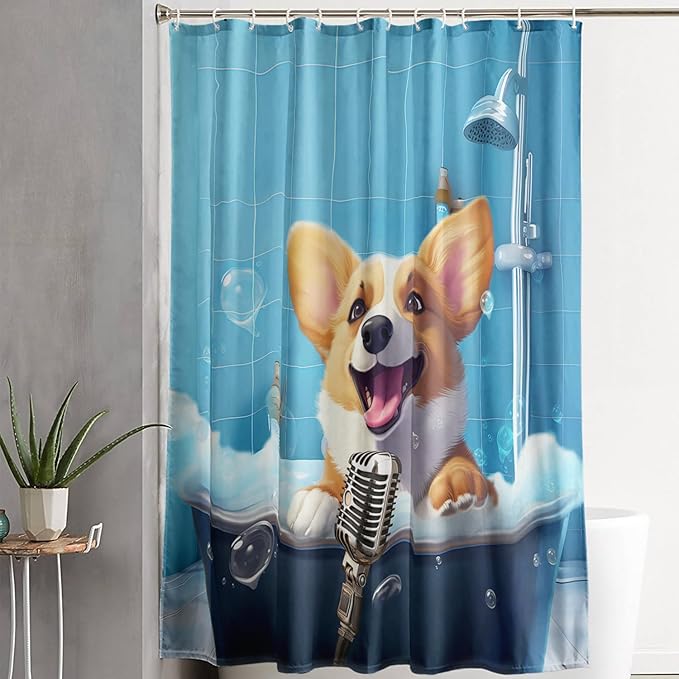 AILONEN Cute Shower Dog Shower Curtain for Kids Boys,Funny Singing Puppy Waterproof Fabric Shower Curtain for Bathroom,Lovely Hilarious Pet Shower Curtain Set with Hooks,48" W*72" H