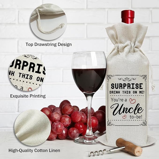 Baby Announcement Wine Bag, New Uncle To Be Birthday Gifts for Men Uncle Brother Friends, Party Favor Wine Champagne Gift Bag With Drawstring -09