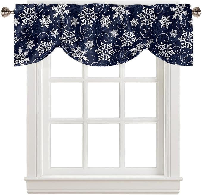 Christmas Blackout Tie Up Valance Curtains for Kitchen Windows White Navy Snowflakes Pattern Window Toppers Balloon Shades for Living Room/Bathroom/Bedroom,1 Panel, 42" X 12", Winter