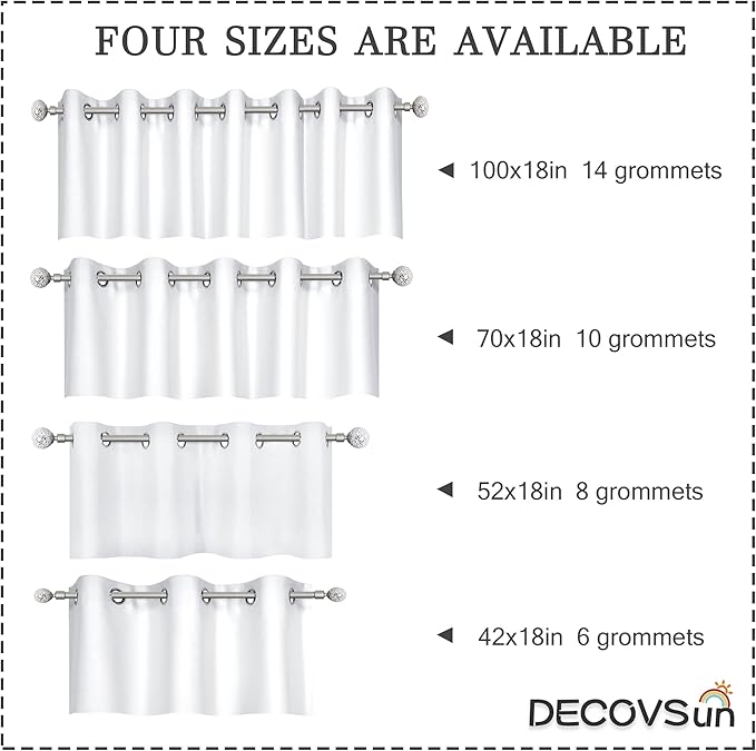 Solid White Grommet Valance for Windows 42X18 Inches Valance for Kitchen Blackout Curtain Valance for Living Room Short Straight Drape Valance for Bedroom Kids Room 1 Panel