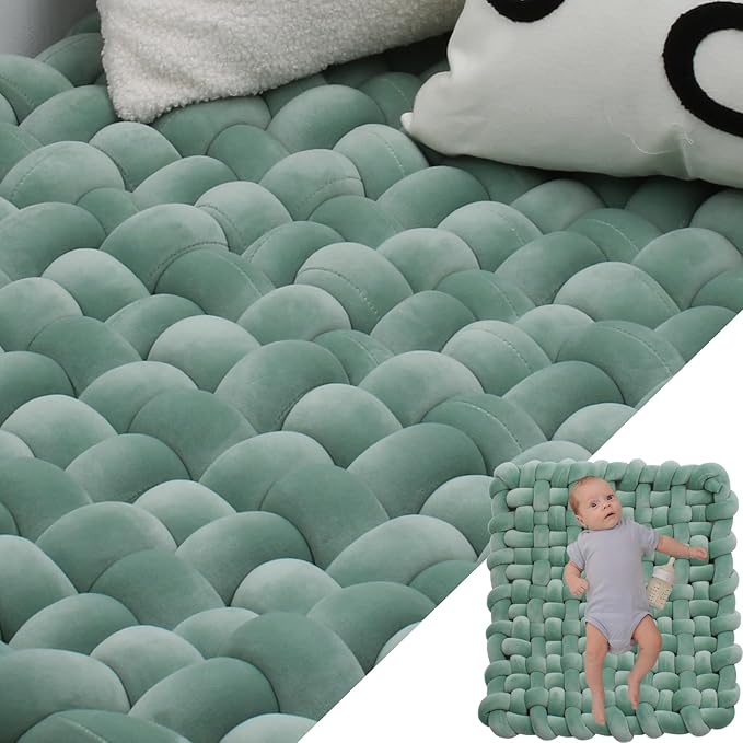 XHJRI Thickened Braided Knot Seat Mat, Knotted Floor Decorative Cushion, Handmade Baby Infant Playing Pad Nursery Rug (27.5 * 31.5 Inch,Matcha Green)