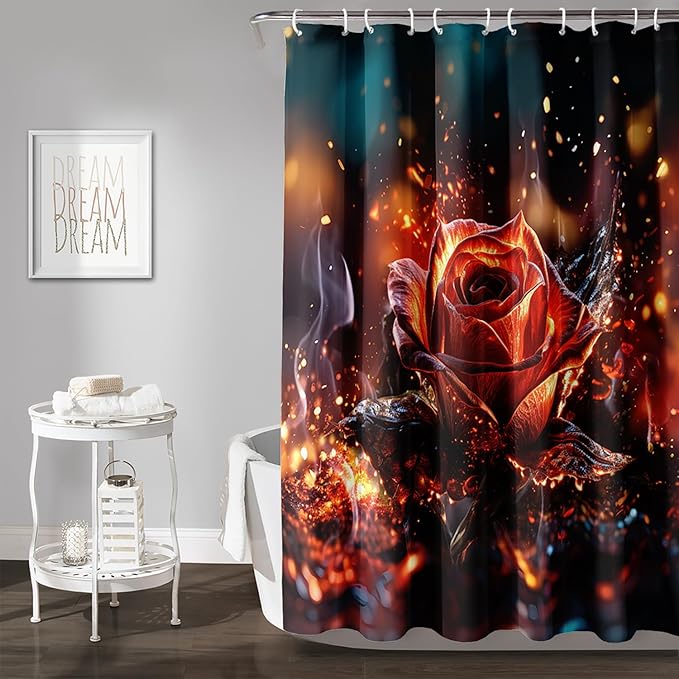 AILONEN 3D Rose Shower Curtain for Bathroom, Romantic Flame Smoky Rose Flower Bath Curtain,Burning Rose Shower Curtain Decoration Waterproof with 12 Plastic Hooks, 72" W*96" H