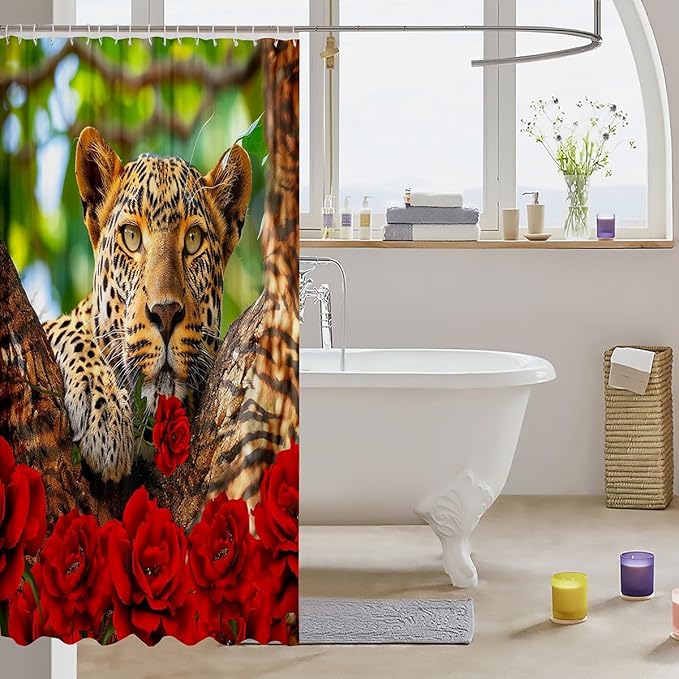 Feelyou Rose Leopard Shower Curtain Leopard Bath Curtain Boys Leopard Bathroom Shower Curtain Set Kids Toddler Wild Leopard Kids Bathroom Accessories Wildlife 72"x78"
