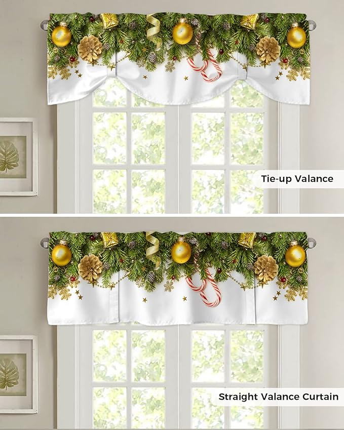 Christmas Blackout Tie Up Valance Curtains for Kitchen Windows Pine Cones Window Toppers Balloon Shades for Living Room/Bathroom/Bedroom,1 Panel,54" X 18" Golden Ornament Balls