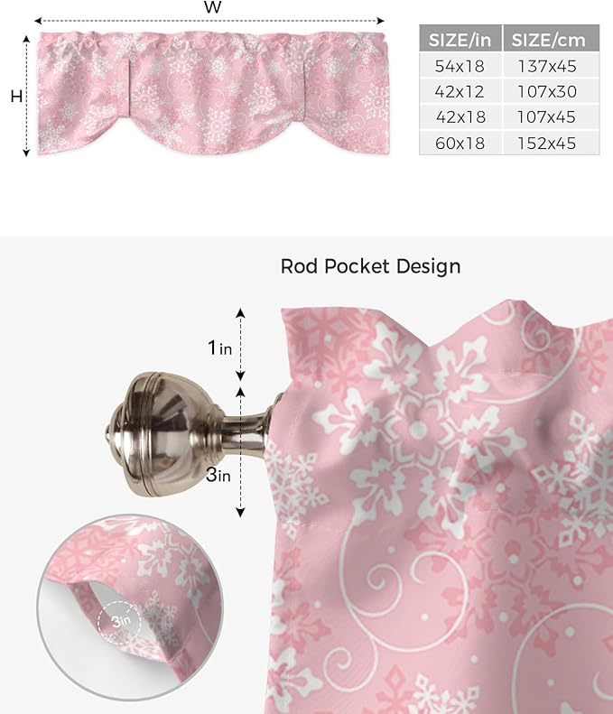 Christmas Blackout Tie Up Valance Curtains for Kitchen Windows Pink White Snowflakes Pattern Window Toppers Balloon Shades for Living Room/Bathroom/Bedroom,1 Panel, 42" X 12", Winter