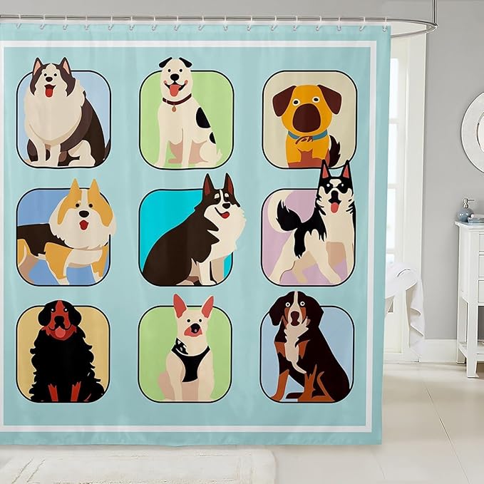 Feelyou Dog Shower Curtain Cartoon Dog Bath Curtain for Kids Toddler Boys Girls Cute Dog Bathroom Shower Curtain Set Sausage Dog Kids Bathroom Accessories 72"x72"