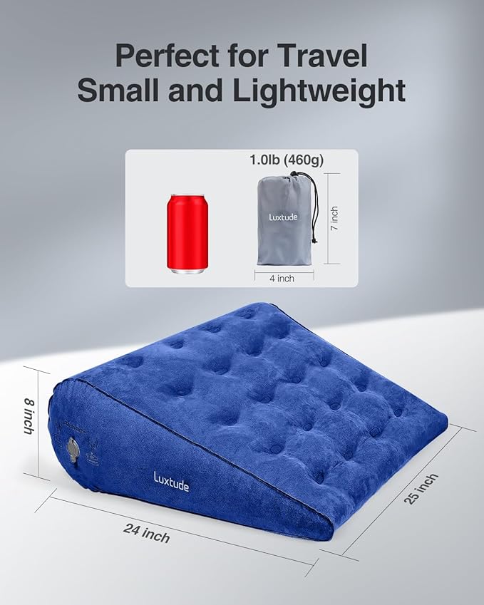 Luxtude Inflatable Wedge Pillow for Sleep Apnea, Travel Wedge Pillow for Back Pain Relief, Knee Leg Elevation Pillow, Inflatable Bed Wedge Pillow for Sleeping, Back Support Pillow for Sitting Up