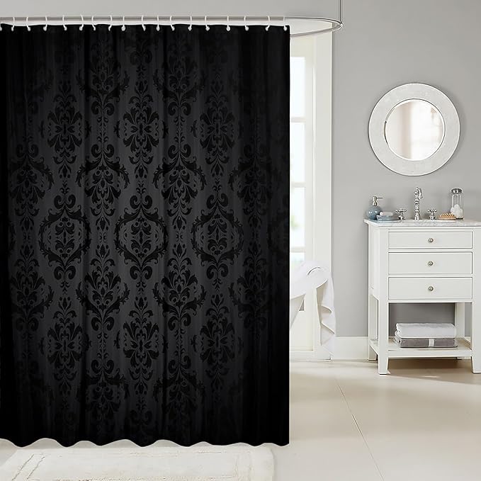 Feelyou Black Damask Pattern Shower Curtain 72"x84" Kids Vintage Floral Bathroom Shower Curtain Set for Boys Girls Teens Antique Victorian Baroque Bath Curtain Baroque Style Bathroom Accessories