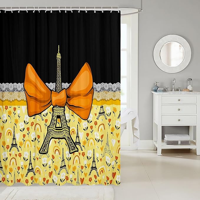Feelyou Eiffel Tower Shower Curtain 72"x84" Kids Romantic Paris Bowknot Bathroom Shower Curtain Set for Boys Girls Teens Black Yellow Bath Curtain Modern French Bathroom Accessories