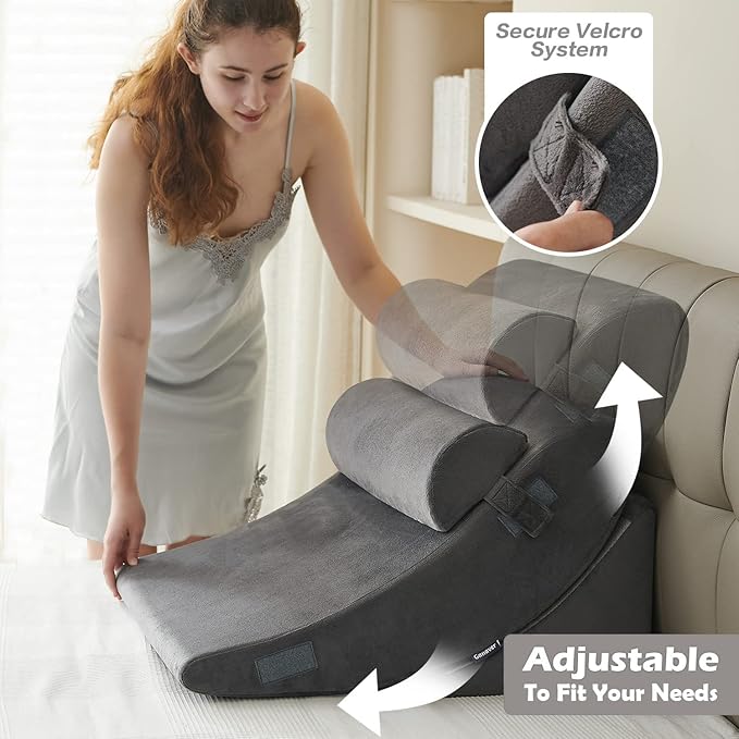 Ganaver 4Pcs Wedge Pillow for Sleeping, Orthopedic Bed Wedge Pillows for After Surgery, Foam Triangle Sit Up Pillow Wedge for Back, Neck, Shoulder Support, Leg Elevation, Acid Reflux, Snoring, Grey