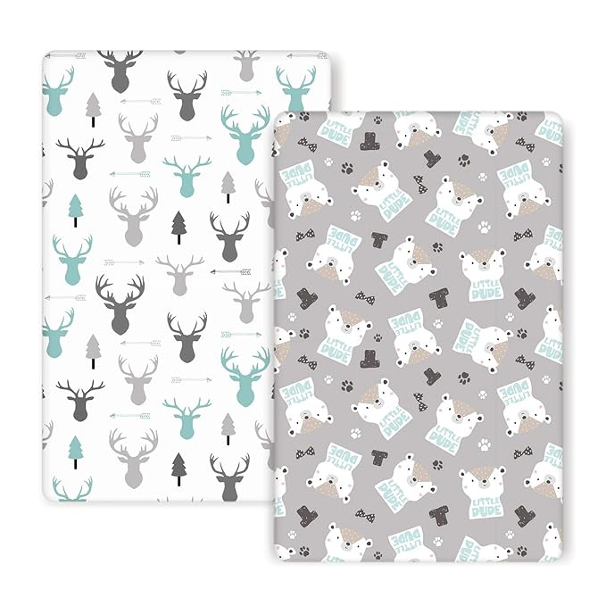 GRSSDER Stretchy Ultra Soft Jersey Knit Fitted Pack n Play Sheets 2 Pack, Playard Sheets for Baby Girls and Boys, Universal Fit for Pack N Plays Safe and Snug, Cute Bear and Deer