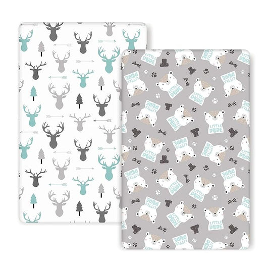 GRSSDER Stretchy Ultra Soft Jersey Knit Fitted Pack n Play Sheets 2 Pack, Playard Sheets for Baby Girls and Boys, Universal Fit for Pack N Plays Safe and Snug, Cute Bear and Deer