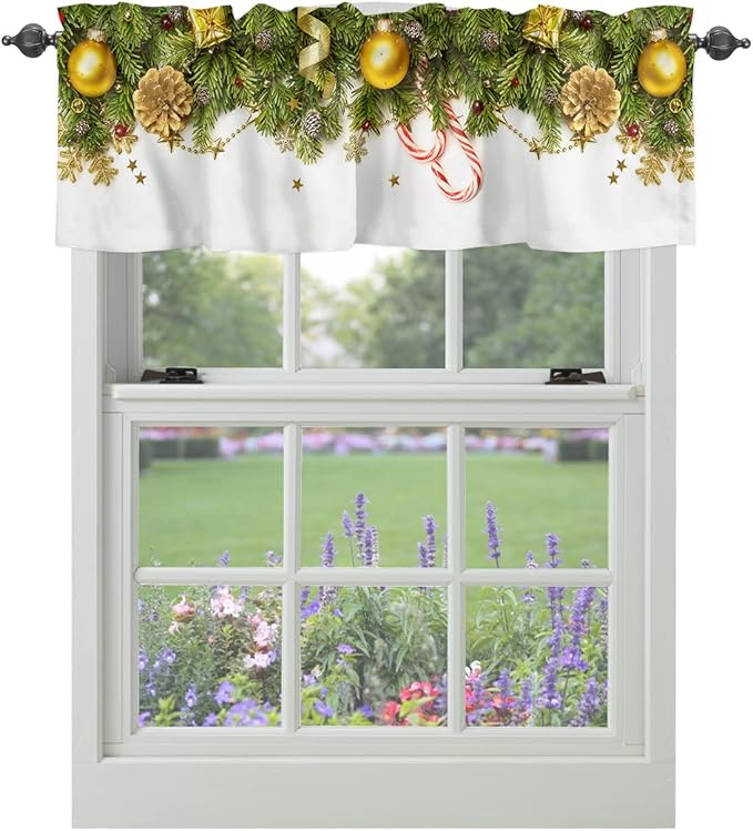 Christmas Kitchen Curtains Valances for Windows Pine Cones Rod Pocket Window Treatment for Kitchen/Living Room/Bedroom/Bathroom,42" X 12" -1 Panel, Golden Ornament Balls